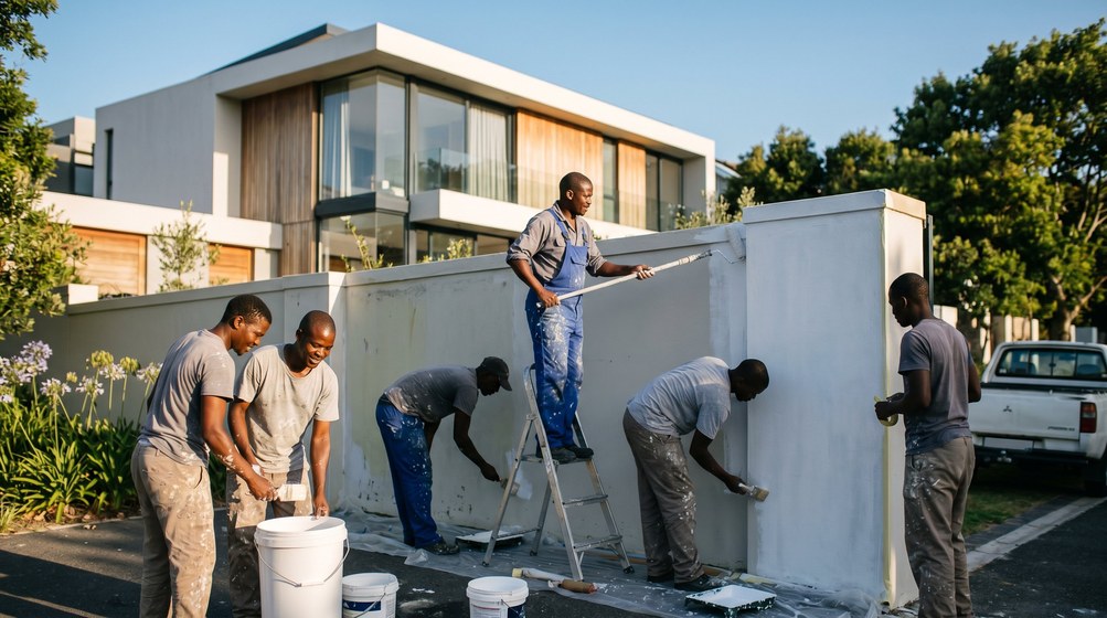 Professional team painting a boundary wall at a modern home in Clifton