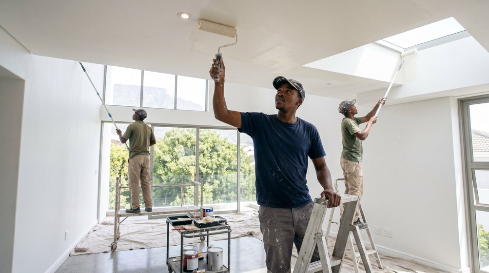 Professional ceiling painters rolling white paint onto a high ceiling in Clifton