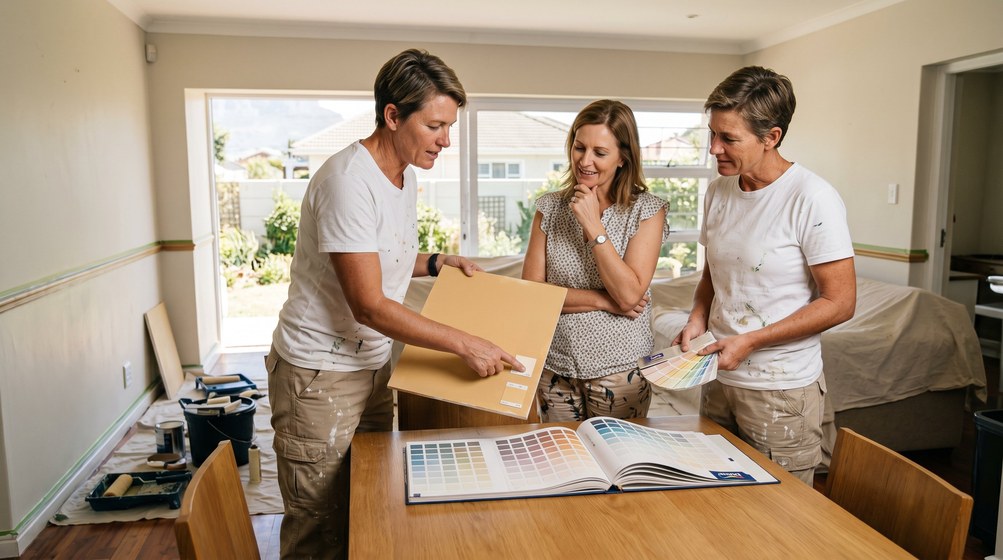 Professional colour consultant showing paint swatches to a homeowner in Clifton