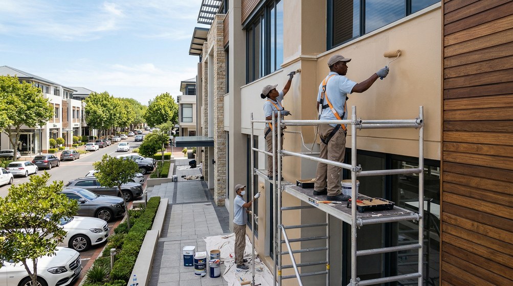Professional commercial painters on scaffolding painting a building in Clifton