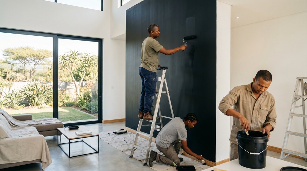 Professional painters creating a bold black feature wall in a modern Clifton home