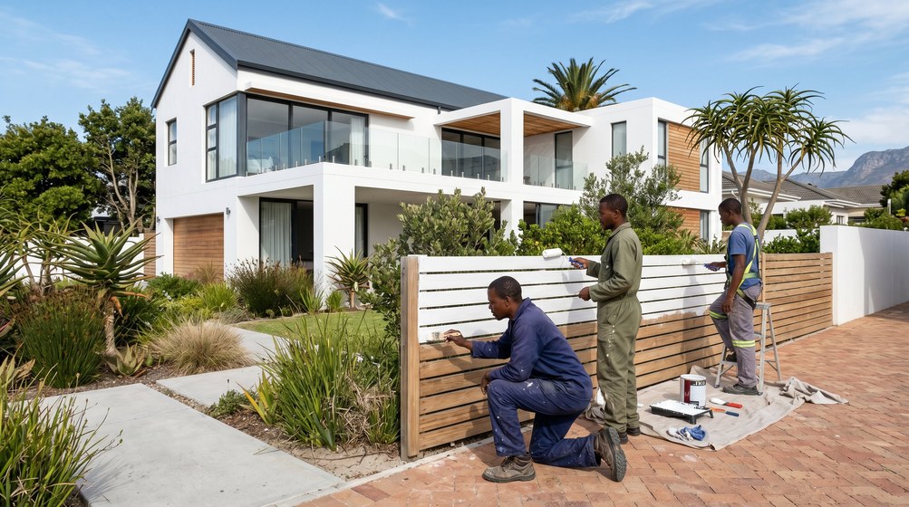 Professional fence painters painting a wooden fence at a Clifton home in Clifton