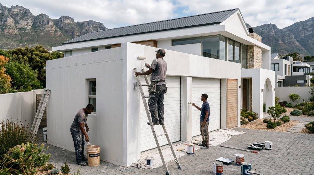 Professional painters painting a double garage exterior and garage doors in Clifton