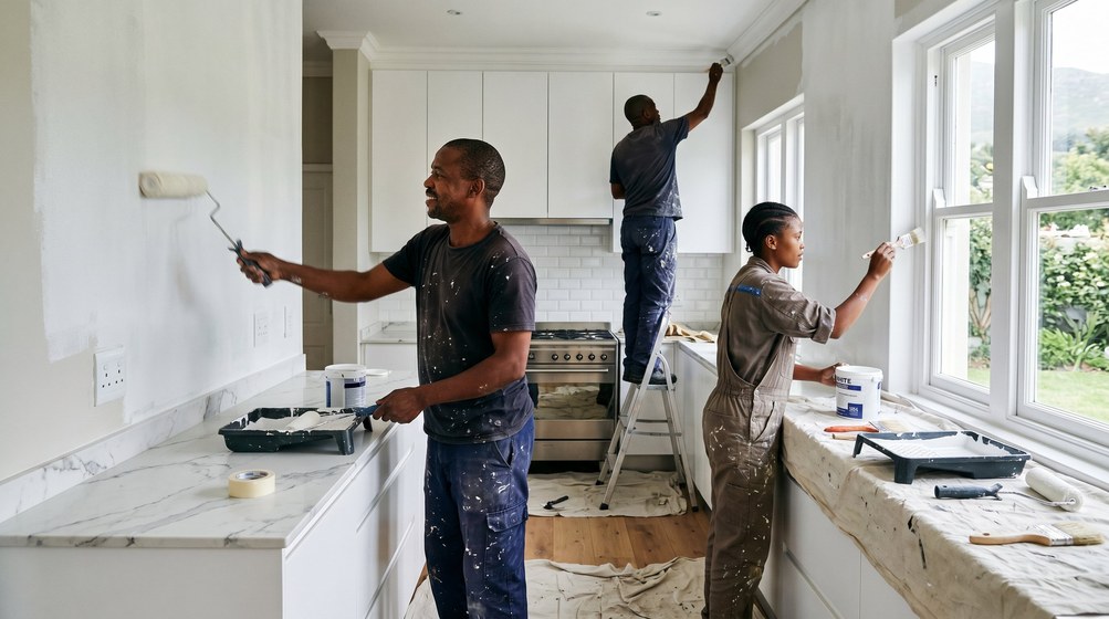 Professional kitchen painters painting walls and cupboards in a modern kitchen