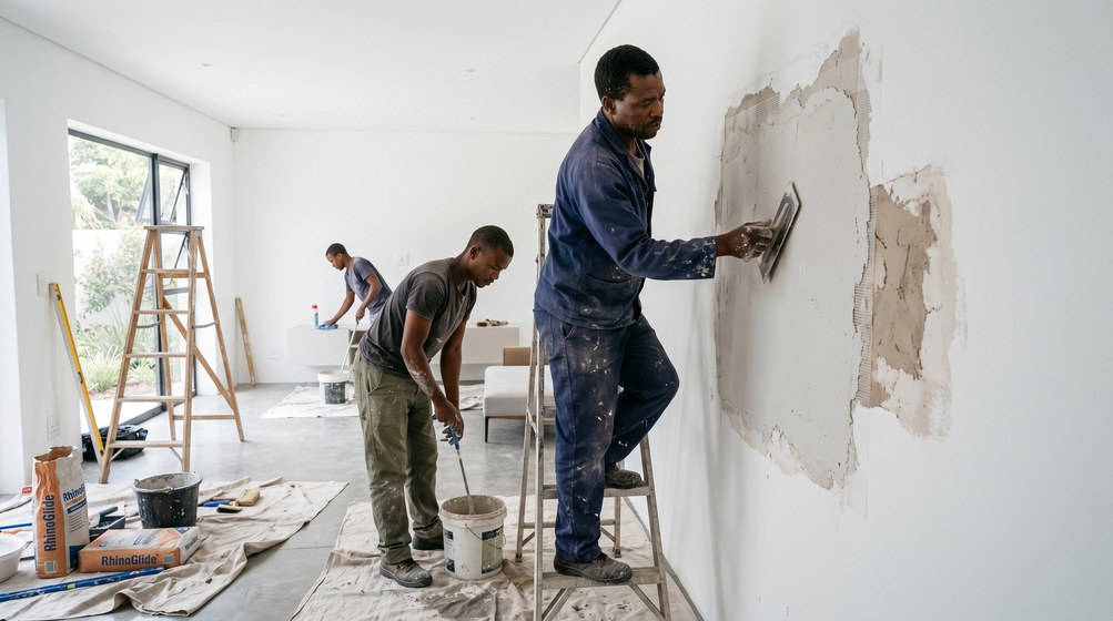 Professional plaster repair team skim coating damaged walls in Clifton