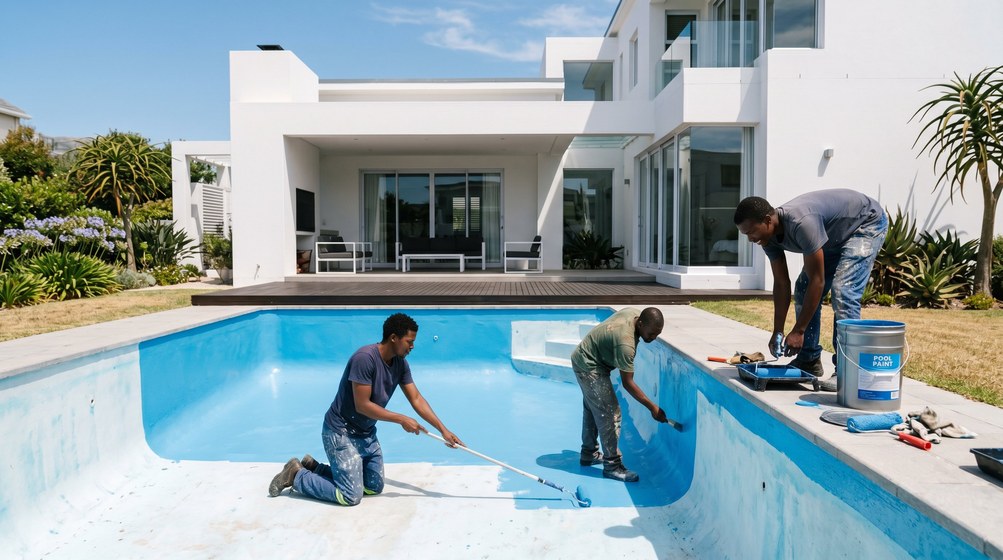 Professional pool painters applying blue pool paint to a swimming pool in Clifton