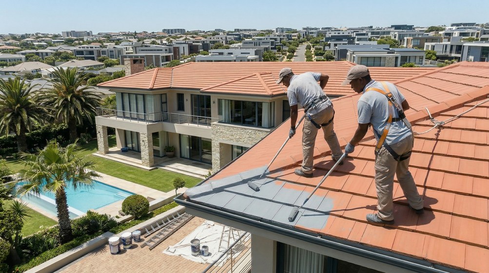 Professional roof painters applying waterproof coating to tiled roof in Clifton
