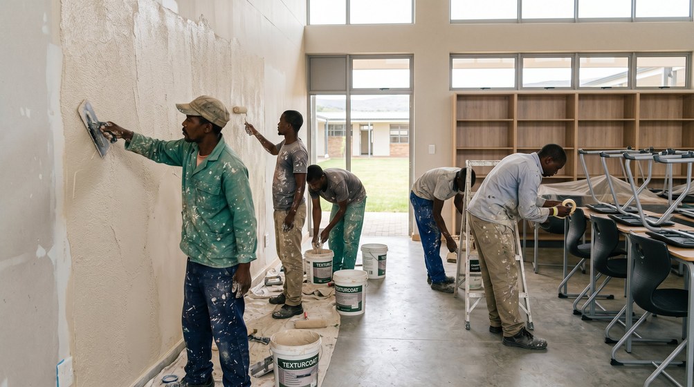 Professional texture coating team applying Texturcoat to interior walls in Clifton