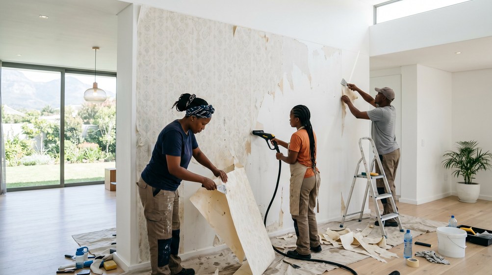 Professional wallpaper removal team stripping old wallpaper in a Clifton home