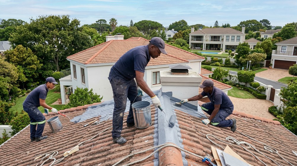 Professional waterproofing team applying membrane to roof in Clifton