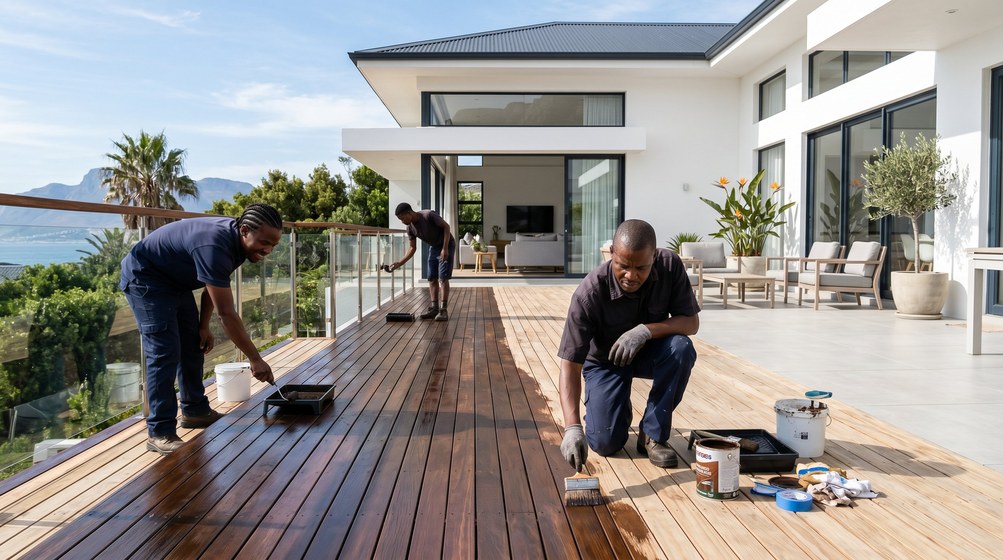 Professional wood staining team applying deck stain overlooking the ocean in Cape Town